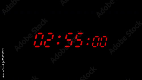 3 minute timer countdown animation in red digital color. Flat design. Black background. 4K. Perfect for business, countdowns, and events.