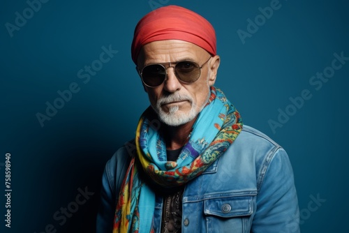 Portrait of a handsome senior man with a gray beard wearing a turban and sunglasses.