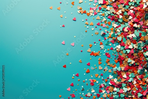 Blue background with lot of colorful hearts scattered around it