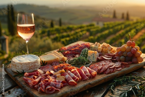 delicious lunch with clies of sausage, cheese and a glas of vine in front of a wineyard photo