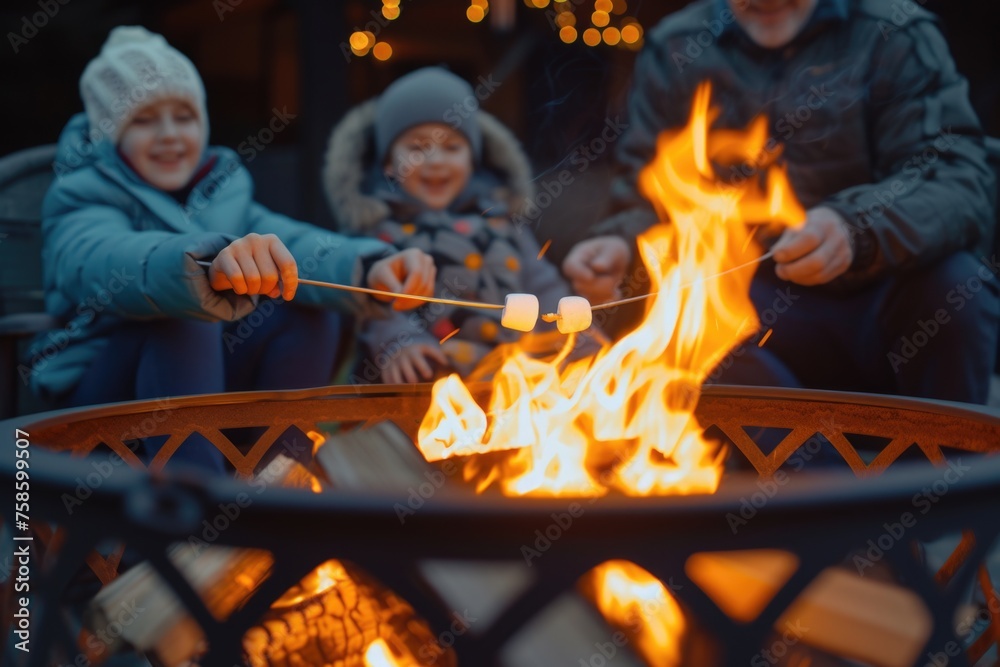 Naklejka premium Family is gathered around fire, roasting marshmallows