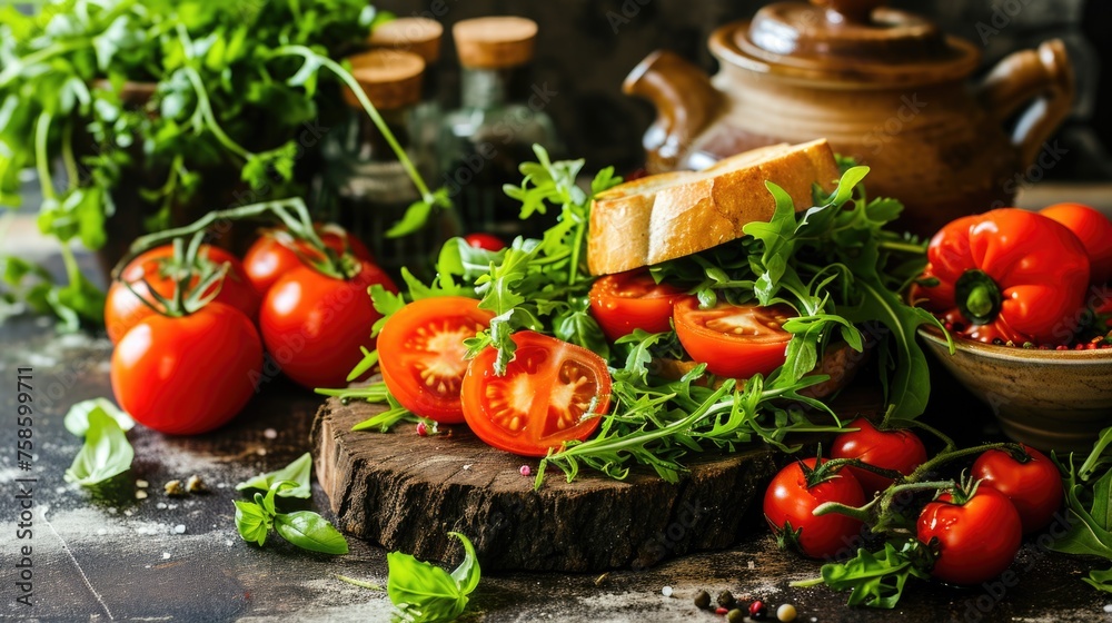 Wooden table with variety of vegetables and sandwich Wooden table with variety of vegetables and sandwich