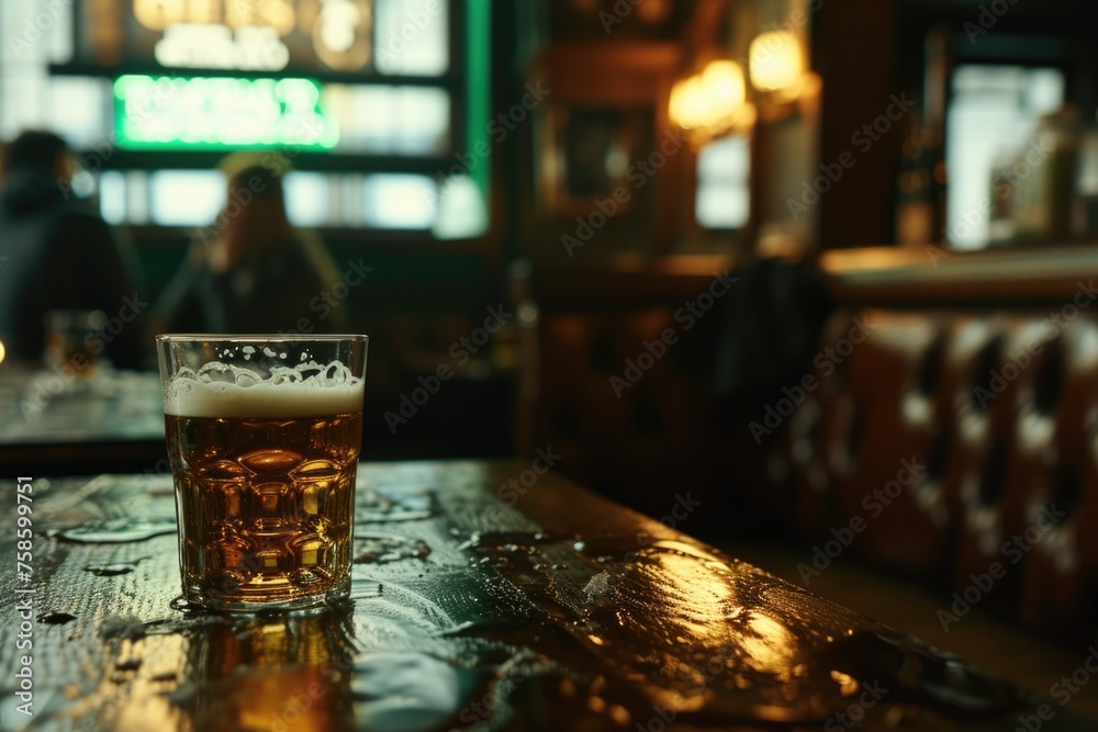 Glass of beer sits on table in bar
