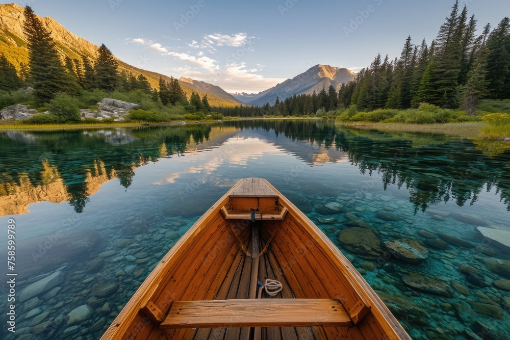 Boat is floating on lake with mountains in background
