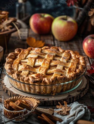 Pie with lattice crust sits on wooden table with apples