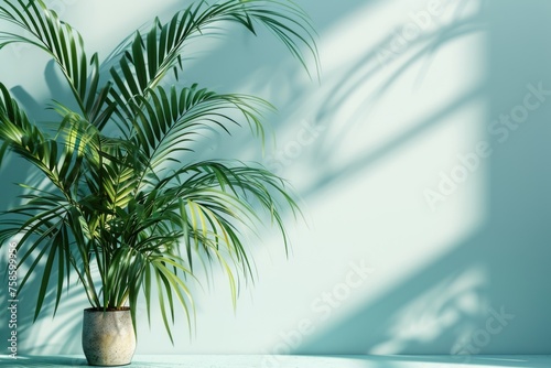 Potted palm plant sits on table in front of wall