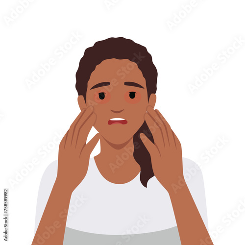 Sad woman with dry reddened eyes due to irritation or allergic reaction. Flat vector illustration isolated on white background