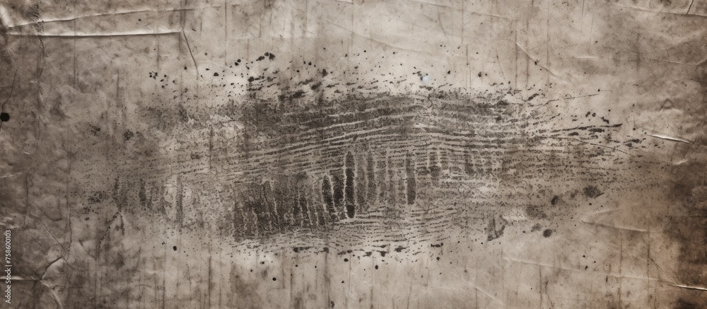Obraz premium A close up of a weathered wood wall with a water stain, surrounded by grey flooring and a patch of grass and plants in a natural landscape setting