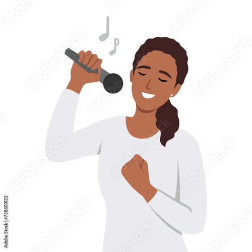 Woman sings in karaoke standing. Flat vector illustration isolated on white background