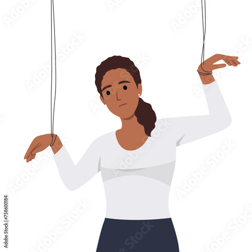 Girl toxic relationship manipulation or work abuse controlling, female partner employee manipulator, women marionette puppet concept. Flat vector illustration isolated on white background