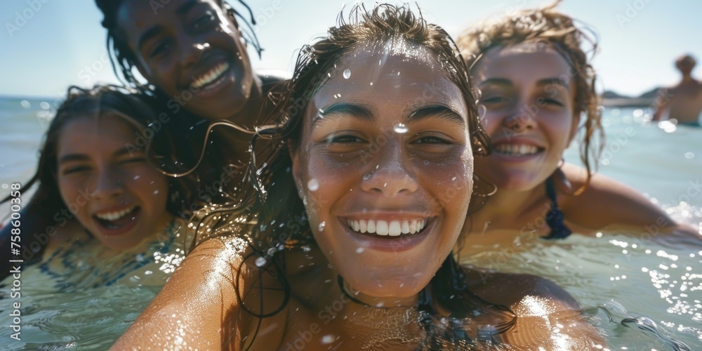 Group of young women are in water, smiling and having fun Group of young women are in water, smiling and having fun