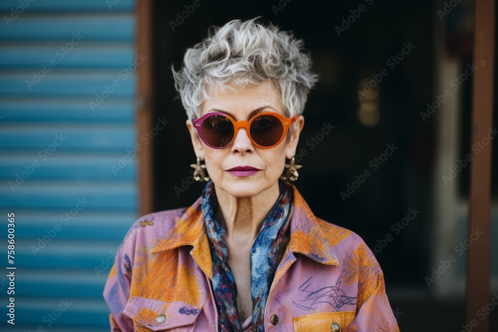 Portrait of a beautiful senior woman with short gray hair and sunglasses