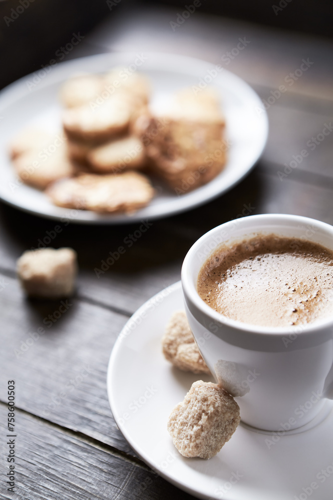 Cup of coffee on rustic wooden background. Copy space. Cup of coffee on rustic wooden background. Copy space.