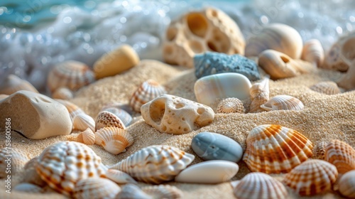 Beach scene with variety of shells and rocks scattered across sand