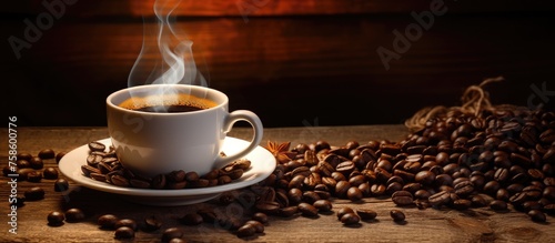 A cup of fragrant coffee with roasted beans on a wooden surface.