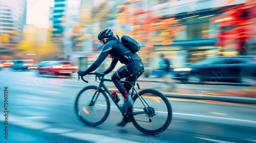 Fast, bicycle and business man in city for morning, commute and carbon neutral transportation. Travel, sustainability and cycling with male employee in urban town for motion blur, speed and transit © Katynn