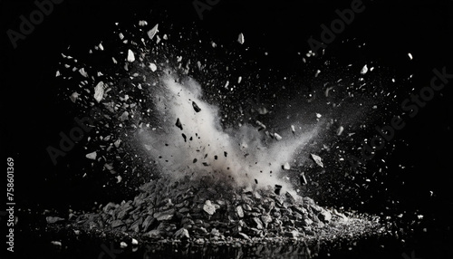 White stone, ash, chips, powder, explosion, dust, popping, black background, close-up