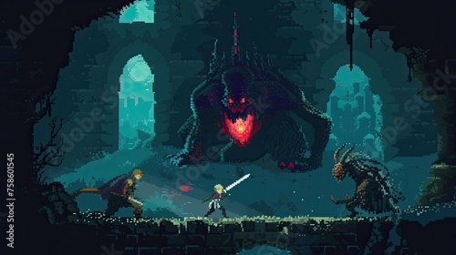 Pixel character fights a monster. Pixel art, style, game development, design, RPG, computer, dragon, creature, sword, dark. Generated by AI © Татьяна Лобачова