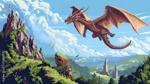 Pixel dragon. Style  fantasy  creature  mythical  pixel art  colorful  gaming  design  character. Generated by AI