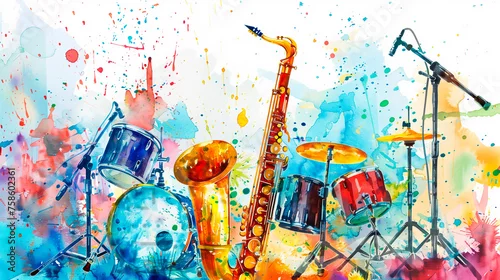 Obraz Illustration of various musical instruments. Urban music concept. Parties and musical events