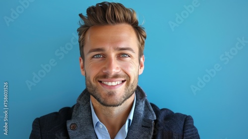 Smiling Man With Beard on Blue Background © hakule