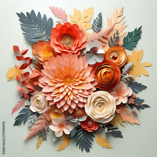 Flowers created by cutting paper and putting them together to form a variety of beautiful flowers.