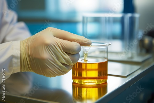 
A female doctor at a medical facility providing a urine sample for analysis, illustrating the routine nature of urine testing in healthcare settings.