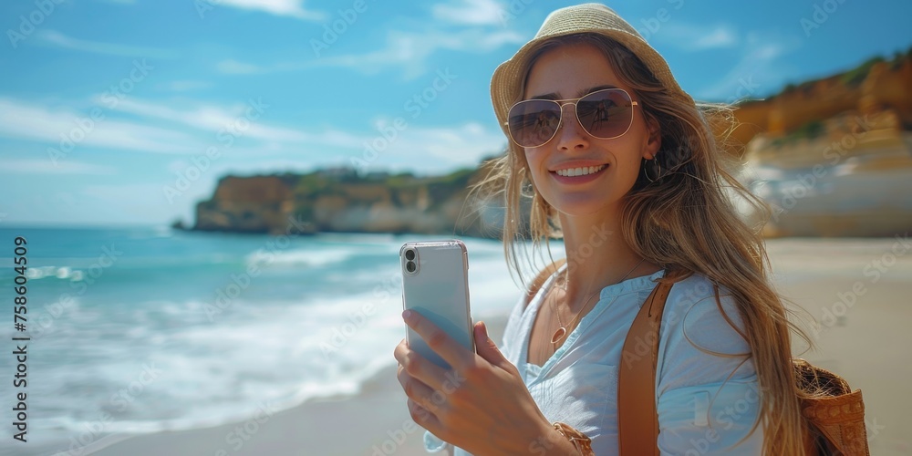 Woman Standing on Beach Holding Cell Phone