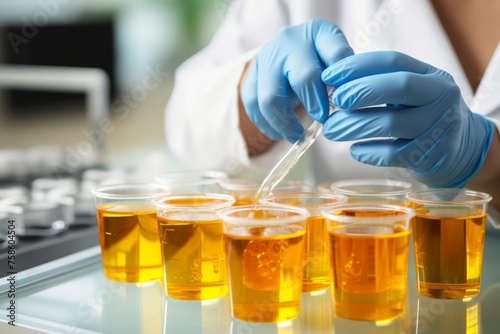 Photo of veterinarian analyzing urine samples from animals in a veterinary clinic, highlighting the importance of urine analysis in veterinary medicine.
