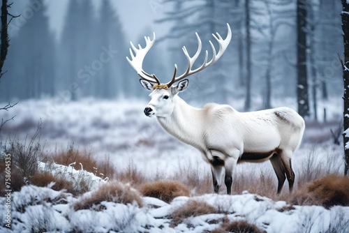 white reindeer peacefully amidst a snowy glade