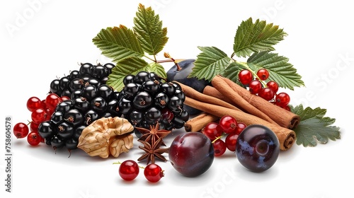 Blackberries, blackberries, plums, cinnamon sticks and walnuts isolated on white background,  Generative AI illustrations. photo