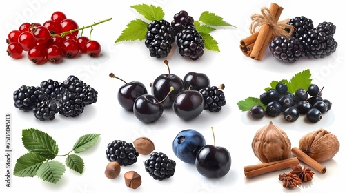 Blackberry, red currant, blackberry, blackberry, cherry, cinnamon, star anise, Generative AI illustrations. photo