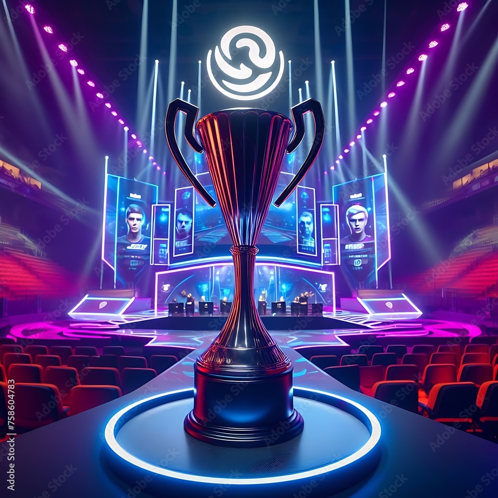 Football trophy standing on the stage with stylish neon lights with a cool design