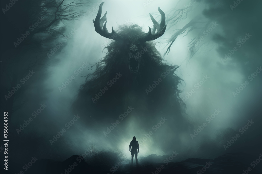 A gigantic monster emerged from the thick mist. , is something that arises from imagination.