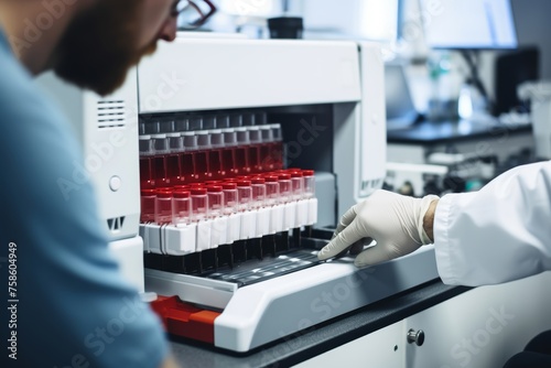 A detailed close-up on a blood sample being placed into an analysis machine by a senior male technician.