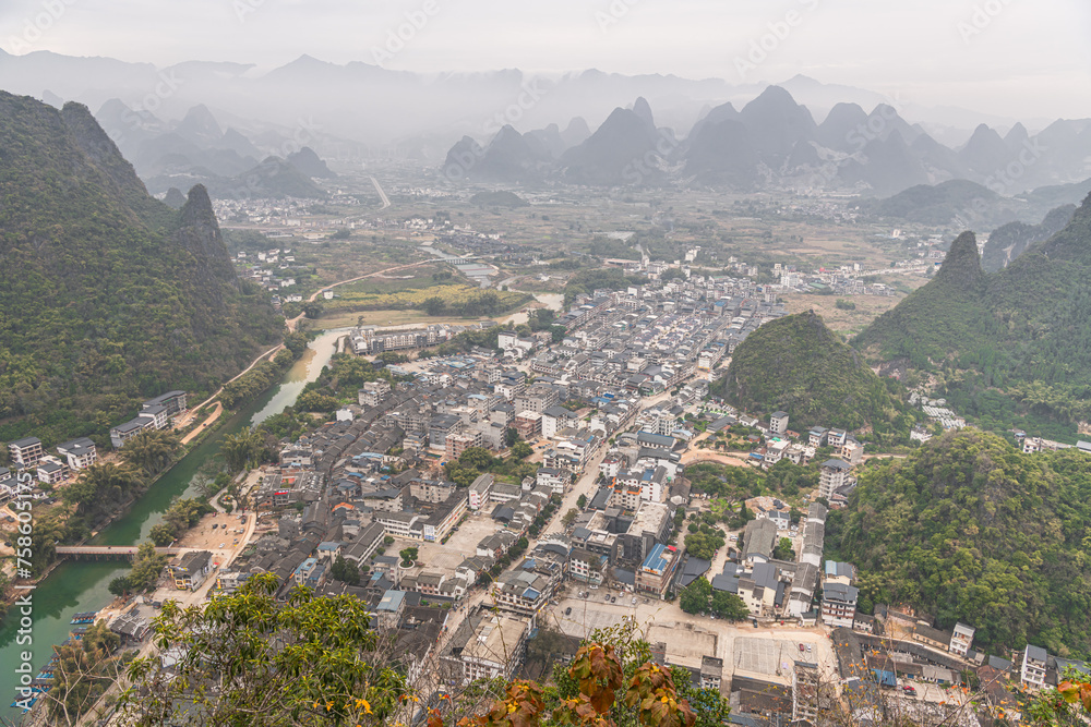 Arial view of Guilin, Li River and Karst mountains Yangshuo and Xingping