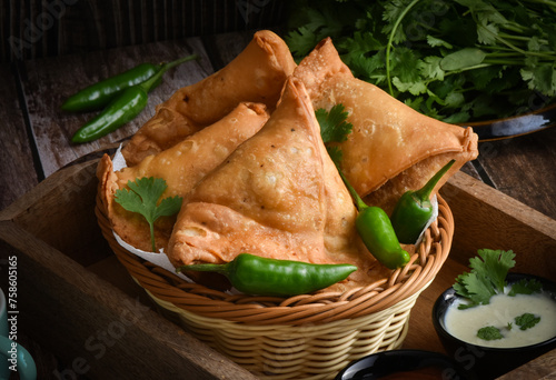 Potato Samosa. Delicious and vegetarian snack... stuffed with boiled and smashed potatoes mixed with spices in crusty shell. Serve with chutney and ketchup.