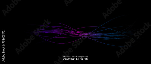 Abstract wavy dynamic blue green violet light lines curve banner on black background in concept technology, neural network, neurology, science, music, neon light photo