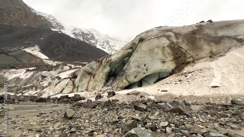 The Tseysky glacier, one of the largest in the Caucasus. The glacier is located in the Tsey Gorge. The valley glacier is fed by the snows of the northern part of Mount Adai-Hoh. 4К photo