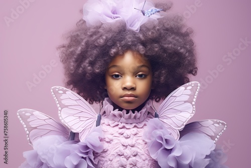  Photo of a toddler girl of African American ethnicity in a butterfly costume, set against a delicate pastel lavender background, symbolizing beauty and transformation © Hanna Haradzetska