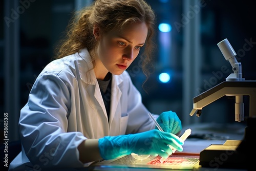 Photo of a young female laboratory technician analyzing a blood sample