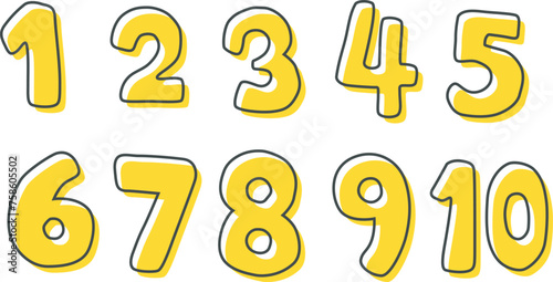 Set of yellow numbers, hand drawn, Vector Illustration