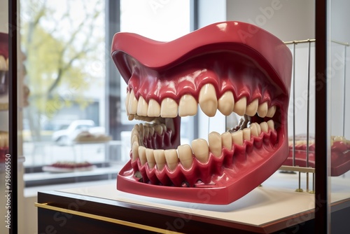 A full upper jaw denture mounted on the wall in a dentist s office  among other tooth models and X-rays
