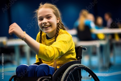 
Portrait of a teenage girl from Sweden, with a bright smile and infectious optimism, in her sports wheelchair, training diligently for the table tennis competition 
