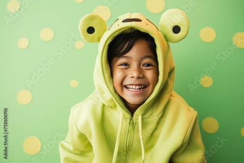 Cute young boy of Asian descent dressed as a frog, against a fresh pastel lime background, capturing the whimsy and joy of childhood play. © Hanna Haradzetska