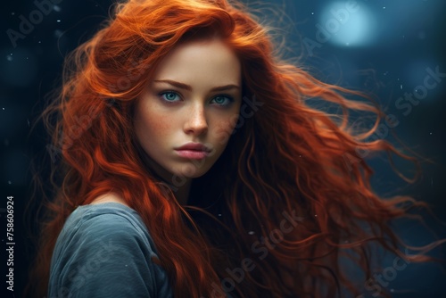 Photo of a beautiful young enchantress with piercing blue eyes and flowing red hair