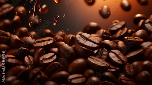 Brown background with cafe beans. Hot drink concept. 