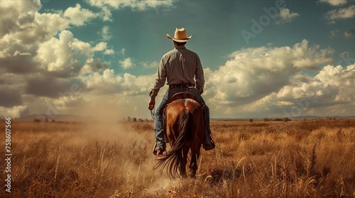 Photorealistic ai artwork of a cowboy riding a horse. Generative ai.