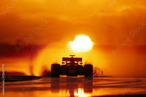 Photorealistic ai artwork of an open wheel racecar on a wet race tract with mist and water  silhouetted in front of a large sun at sunset or sunrise. Generative ai.