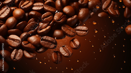 Brown background with cafe beans. Hot drink concept. 